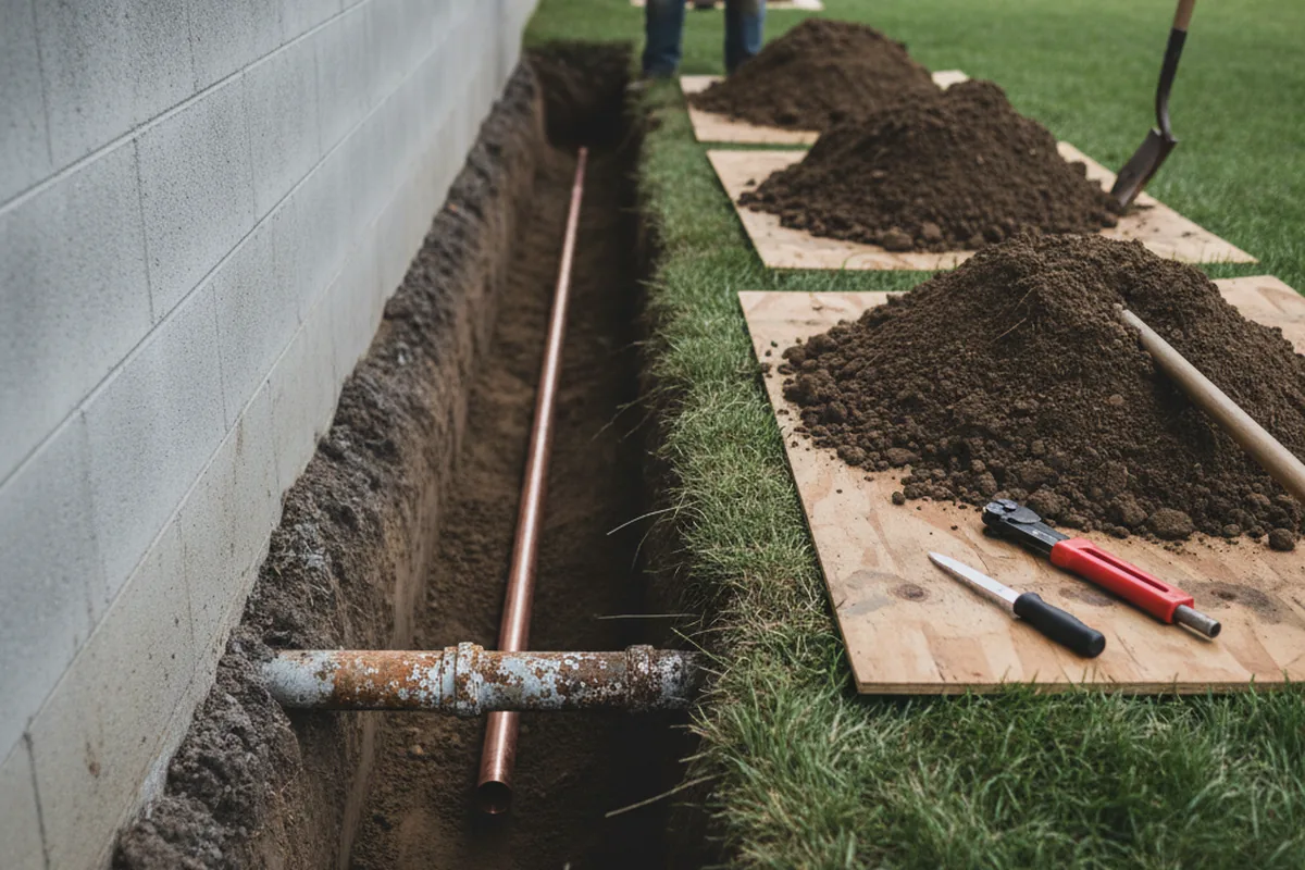 Excavated water line trench during Sewer Line Repair in Ary